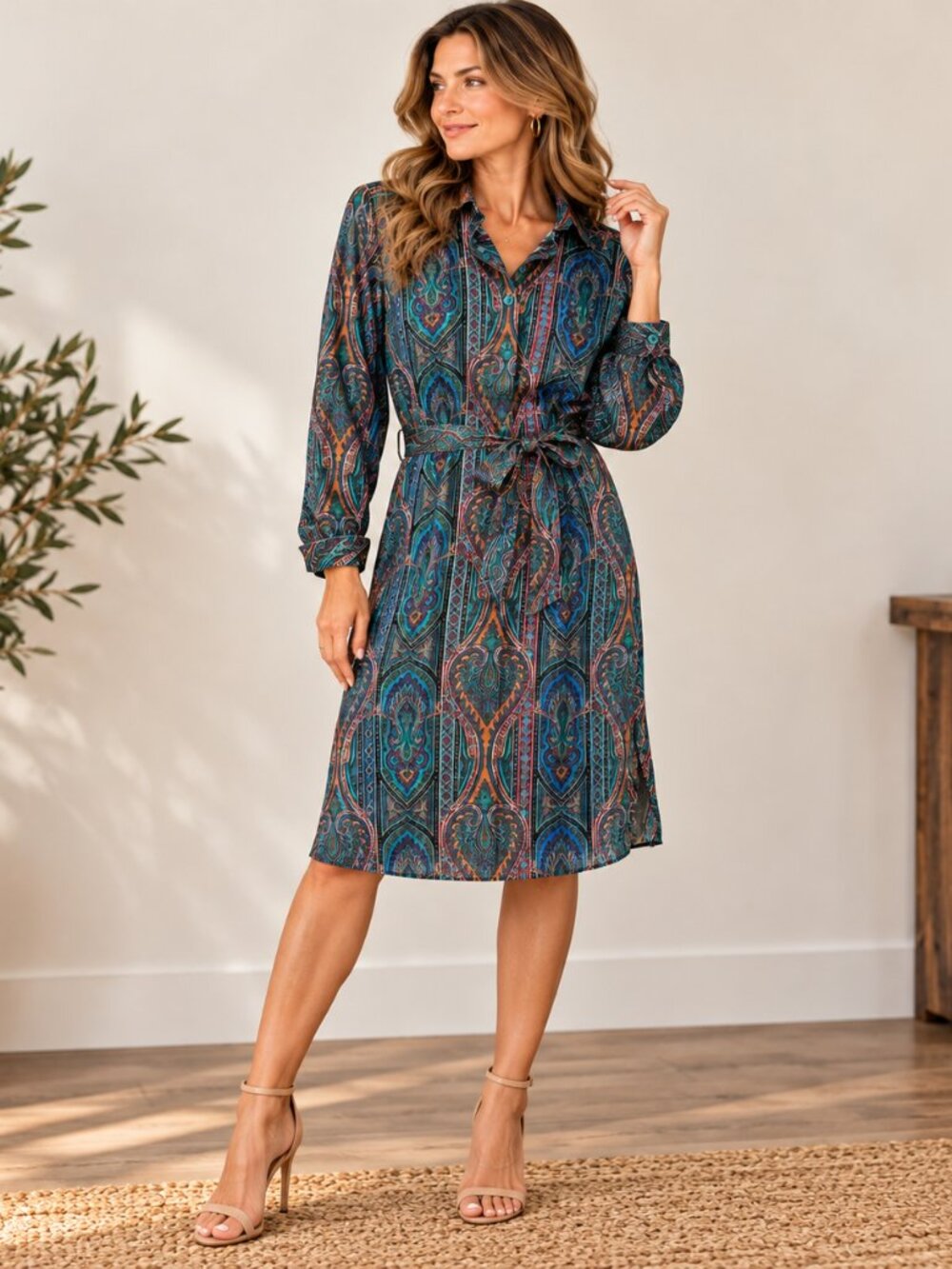 Vintage Schrader Sport Paisley Belted Shirt Dress Size 8 Jewel Tone Boho